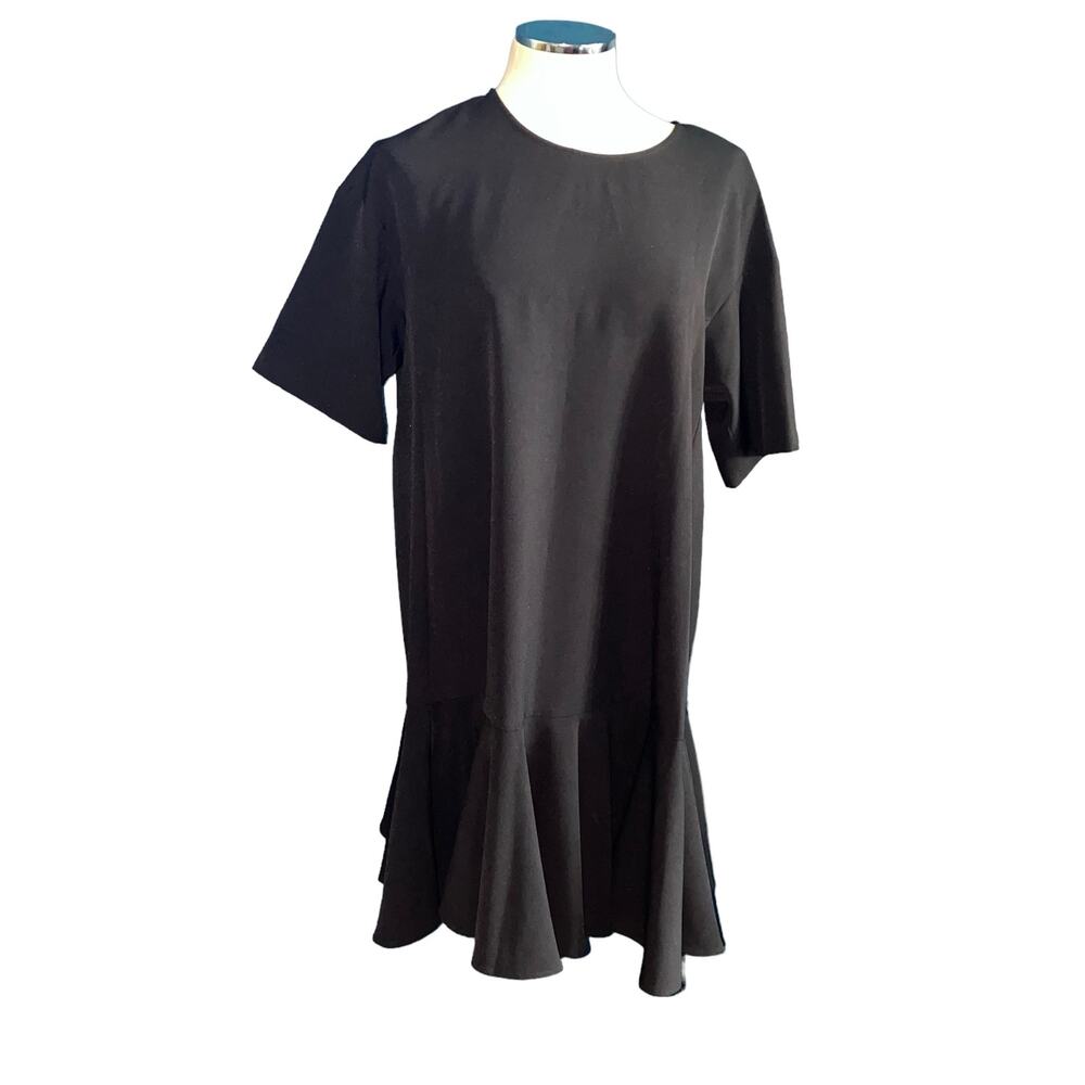Adrianna Papell Black Short Sleeve Ruffle Flounce Drop Hem Shift Dress Size L